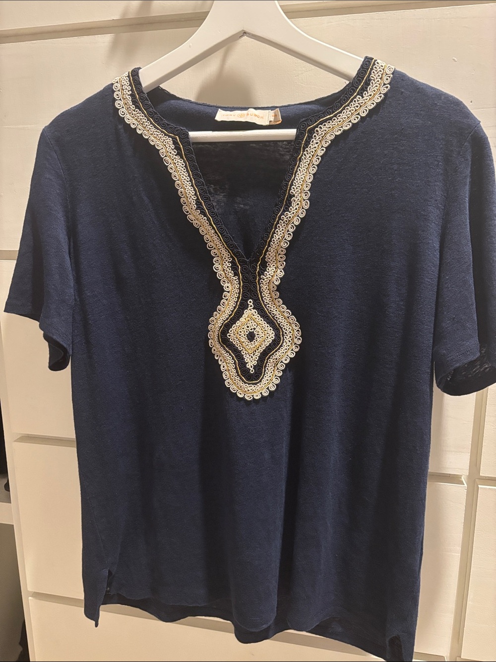 Tory Burch Embellished Navy Short Sleeve Women's Top Sz M